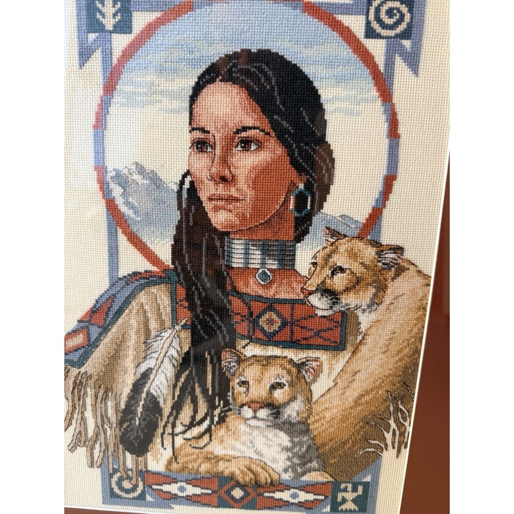 Framed Native American Cross Stitch Spirit Of The Cougar Sandy Bodine Completed